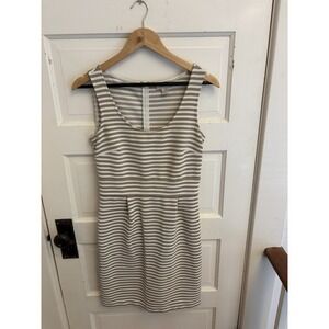 Loft Women's Sleeveless Tan White Striped Sheath Dress‎ Stretch Size 2